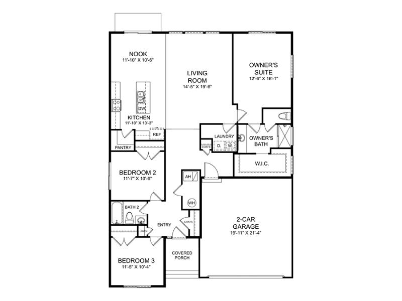 Main floor layout featuring an owner's suite with a walk-in closet (W.I.C.) and en-suite bathroom. There are two additional bedrooms, a shared bathroom, and a laundry room. The open-concept living space includes a kitchen with a pantry, a nook, and a spacious living room. The floor plan also includes a covered porch, entryway, and a 2-car garage.